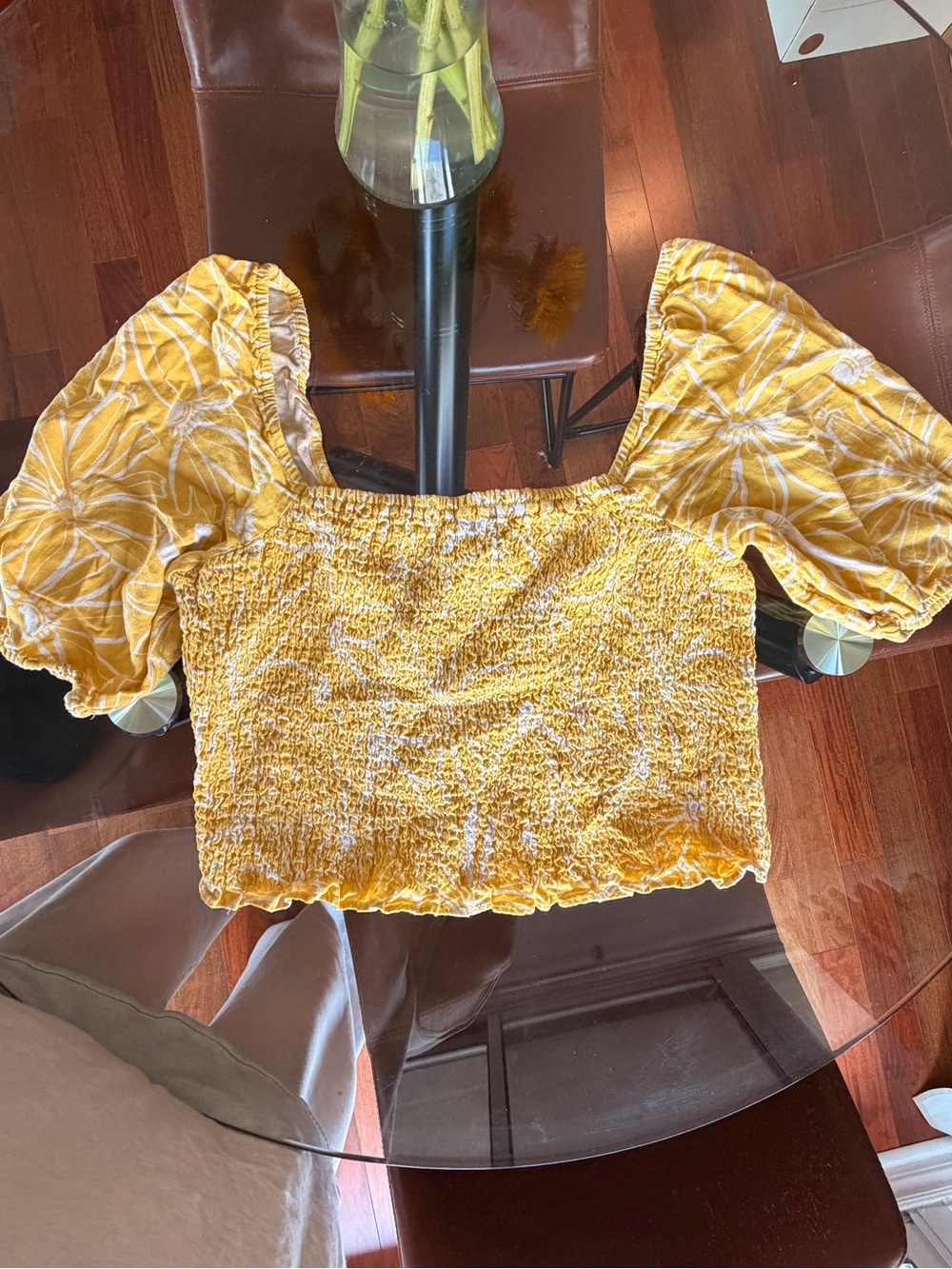 Smocked Puff-Sleeve Crop Top